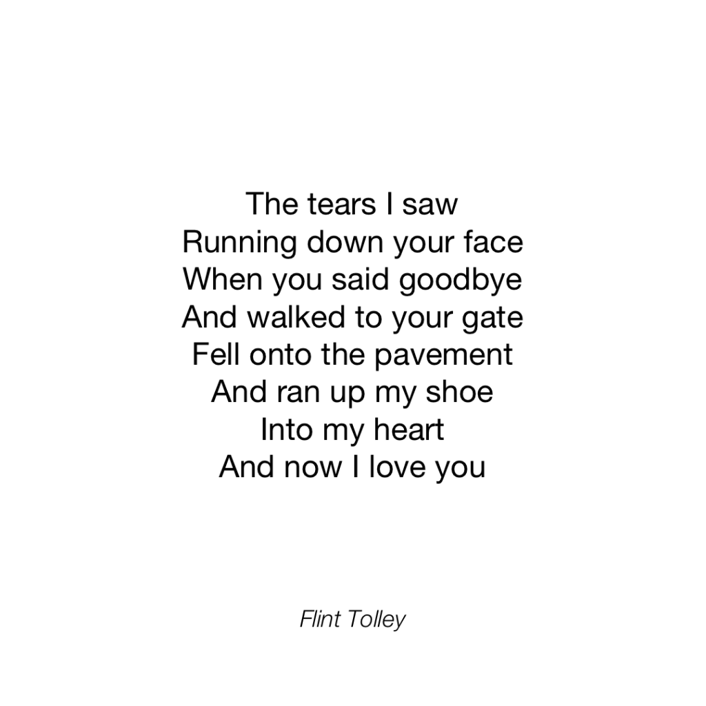 The tears | saw Running down your face When you said goodbye And walked to your gate Fell onto the pavement And ran up my shoe Into my heart And now I love you