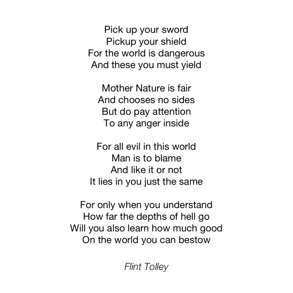 Pick up your sword Pickup your shield For the world is dangerous And these you must yield Mother Nature is fair And chooses no sides But do pay attention To any anger inside For all evil in this world Man is to blame And like it or not It lies in you just the same For only when you understand How far the depths of hell go Will you also learn how much good On the world you can bestow